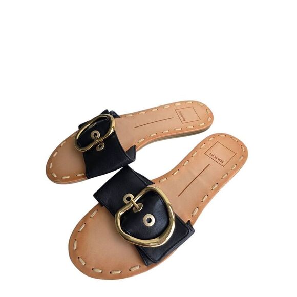 Dolce Vita Danna Slide Sandal Size 7 Black Rich Leather Open Toe Buckle Detail - Picture 2 of 8